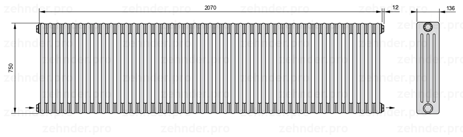Схема (чертеж) Радиатор Zehnder Charleston 4075/45 №2670 Белый глянцевый RAL 9016